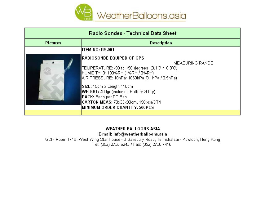 Radio Sondes Technical Data Sheet